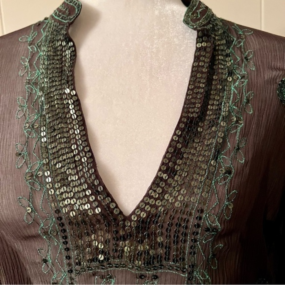 Chicos sheer tunic top brown green embroidery sequins XS NWT - Picture 3 of 8